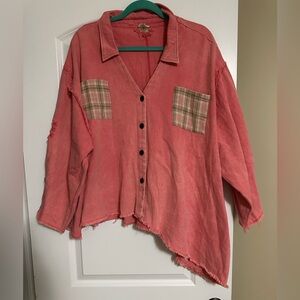 POL Pink Distressed Jacket with Plaid Accents